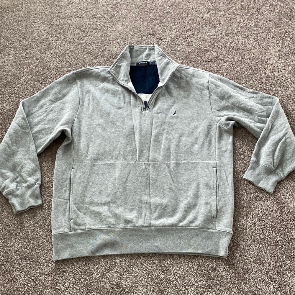 Nautica Gray Quarter Zip Pullover Sweatshirt Logo Pocket SIZE L